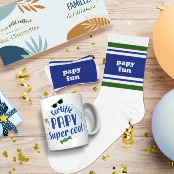 Coffret Mug "Papy super cool" et Chaussettes "Papy fun" pour homme - Collection Famille d'Amour