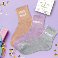 Coffret Trio de chaussettes à paillettes pour femme - Douce Mamie, Fabuleuse et Élégante - Collection Famille d'Amour