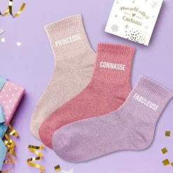 Coffret Trio de chaussettes à paillettes pour femme - Princesse, Connasse et Fabuleuse - Collection Famille d'Amour