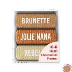 Coffret Trio de chaussettes à paillettes pour femme - Brunette, Jolie Nana et Rebelle - Collection Famille d'Amour