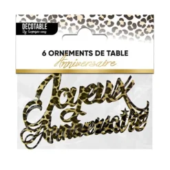 6 confettis de table "Joyeux Anniversaire" en carton - 5 x 9 cm - Collection Léopard