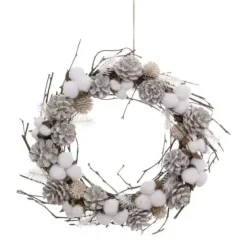 Couronne à LED avec branches et coton - 35 cm