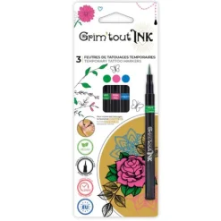 3 feutres de tatouages temporaires - Vert, rose et turquoise - Grim'tout Ink