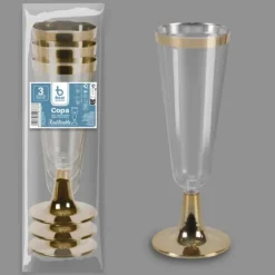 3 flûtes à champagne dorées en plastique réutilisable - 15 cl