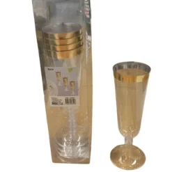 6 flûtes à champagne en plastique avec bordure dorée - 270 ml