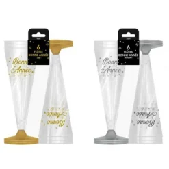 6 flûtes à champagne en plastique - Bonne Année - Couleur au choix
