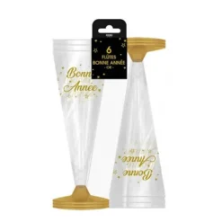 6 flûtes à champagne en plastique - Bonne Année - Couleur au choix