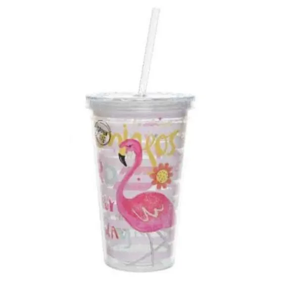 Gobelet anniversaire en plastique avec paille - Flamant rose
