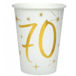 10 Gobelets en Carton Anniversaire - Blanc et Or - 70 ans