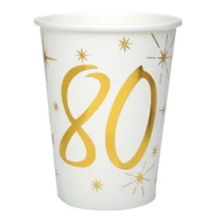10 Gobelets en Carton Anniversaire - Blanc et Or - 80 ans