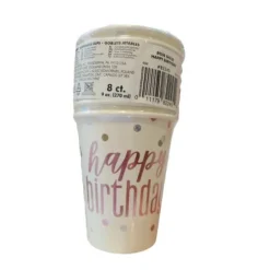 8 Gobelets en carton - Happy Birthday - Rose Gold Métallisé