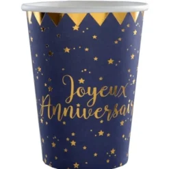 10 Gobelets en Carton "Joyeux Anniversaire" Bleu Marine Métallisé
