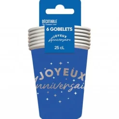 6 gobelets en carton "Joyeux Anniversaire" - 25 cl - Couleur au choix