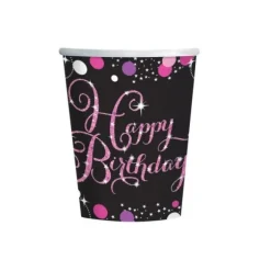 8 Gobelets "Happy Birthday" - Rose / Noir