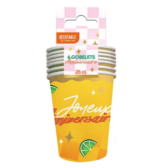 6 gobelets "Joyeux Anniversaire" en carton - 25 cl - Collection Retro Pop