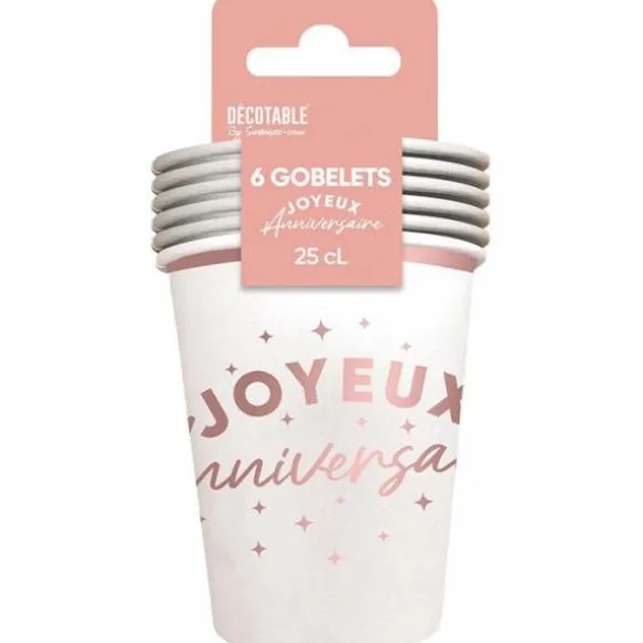 6 gobelets "Joyeux Anniversaire" en carton - 25 cl - Couleur au choix