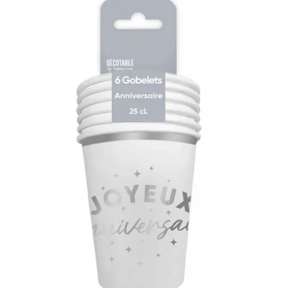 6 gobelets "Joyeux Anniversaire" en carton - 25 cl - Couleur au choix