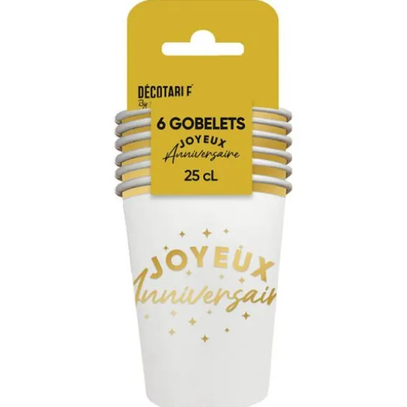 6 gobelets "Joyeux Anniversaire" en carton - 25 cl - Couleur au choix