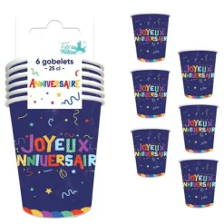 6 gobelets "Joyeux Anniversaire" en carton - 25 cl - Collection Récréation Multicolore