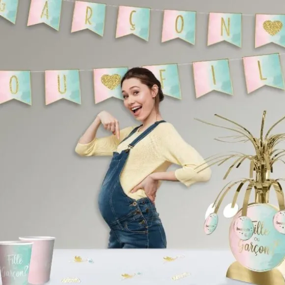 Guirlande de fanions avec lettres et ruban - Fille ou Garçon ? - Collection Gender Reveal