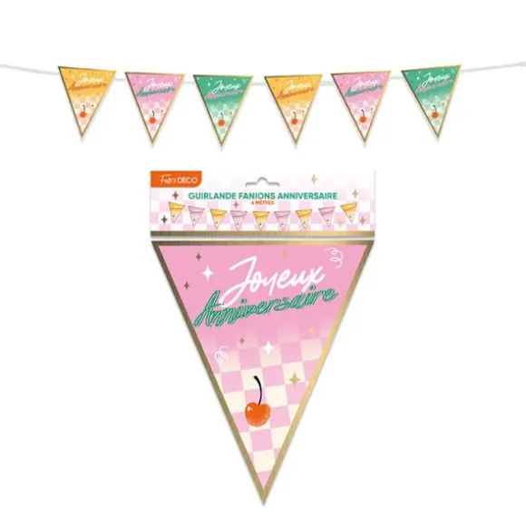 Guirlande de 9 fanions "Joyeux Anniversaire" - 6 m - Collection Retro Pop