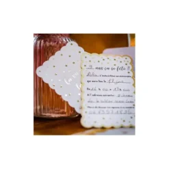 8 Invitations avec enveloppes - Pois et Festons Blanc et Or - 15 cm