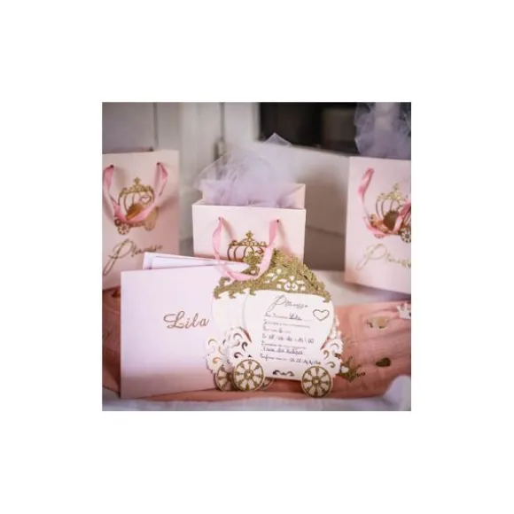 8 Invitations avec enveloppes - Princesse Rose & Or - 16 cm