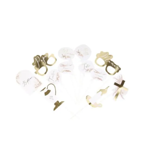 Kit Photobooth - 12 Pièces - Collection Pampas, Fleurs de Coton et Or