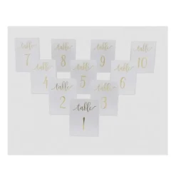 10 Marque-Tables de 1 à 10 - Blanc & Dorure Embossée