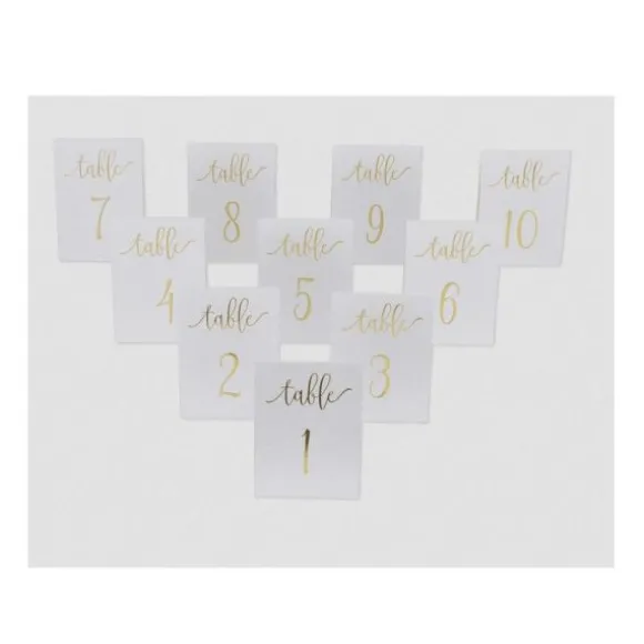 10 Marque-Tables de 1 à 10 - Blanc & Dorure Embossée