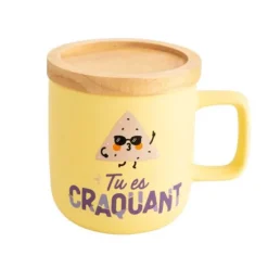 Mug Jaune avec Couvercle en Bois - Tu es Craquant - Mr. Wonderful