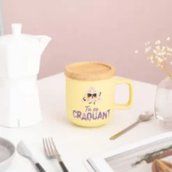 Mug Jaune avec Couvercle en Bois - Tu es Craquant - Mr. Wonderful