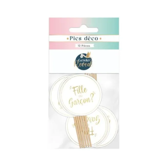 Pack de 12 pics de décoration - Fille ou Garçon ? - Collection Gender Reveal