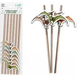 6 pailles médaillon en papier - 20 cm - Collection Dinosaure