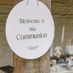 Panneau "Bienvenue à ma communion" - Diamètre 38 cm - Collection Communion Effet Lin et Or
