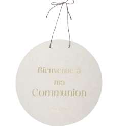 Panneau "Bienvenue à ma communion" - Diamètre 38 cm - Collection Communion Effet Lin et Or