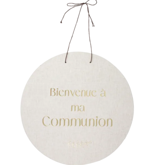 Panneau "Bienvenue à ma communion" - Diamètre 38 cm - Collection Communion Effet Lin et Or