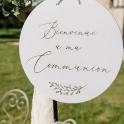 Panneau "Bienvenue à ma communion" FSC® - Diamètre 38 cm - Collection Communion Blanc et Or