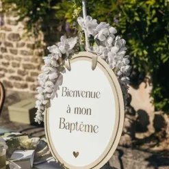 Panneau "Bienvenue à mon baptême" - 35 x 43 cm - Collection Baptême Blanc et Or - Couleur au choix