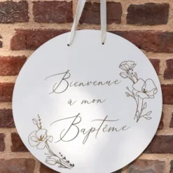 Panneau "Bienvenue à mon baptême" FSC® - Diamètre 38 cm - Collection Baptême Crème et Or