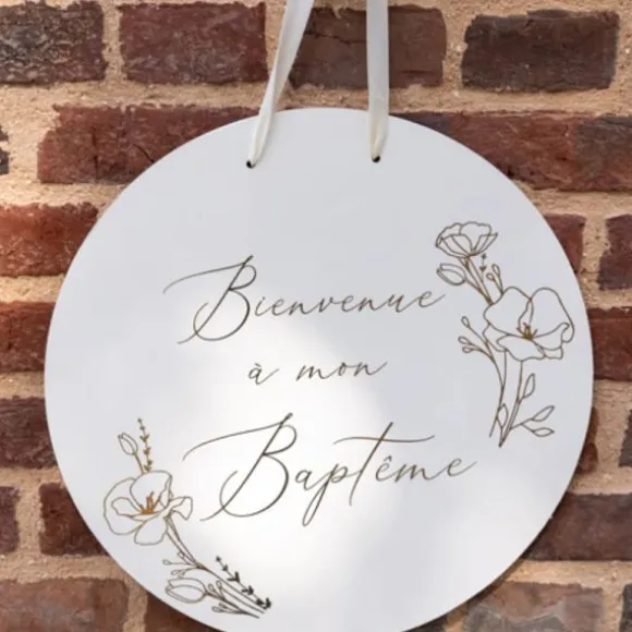 Panneau "Bienvenue à mon baptême" FSC® - Diamètre 38 cm - Collection Baptême Crème et Or