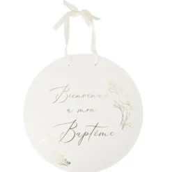 Panneau "Bienvenue à mon baptême" FSC® - Diamètre 38 cm - Collection Baptême Crème et Or