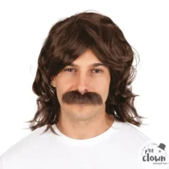 Perruque disco brune avec moustache