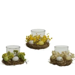 Photophore en verre avec œufs et fleurs - 12 cm - Couleur au choix