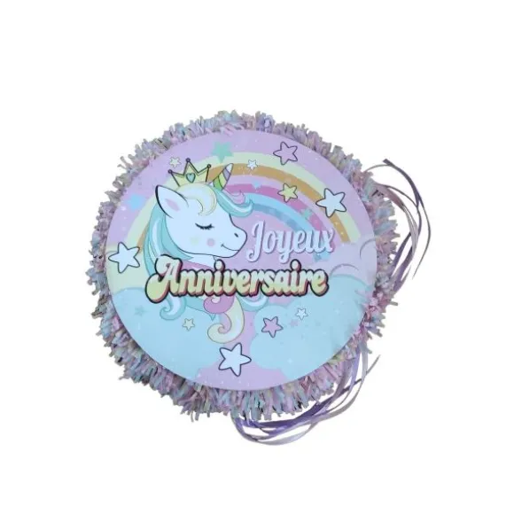 Piñata à tirer à 2 faces - Licorne avec "Joyeux Anniversaire"
