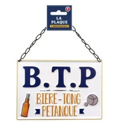 Plaque métallique à suspendre "B.T.P." - Collection Claquettes Chaussettes