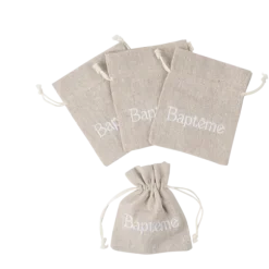 4 pochons "Baptême" en tissu avec effet lin - 9,5 x 11,5 cm