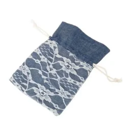 4 pochons jean en toile avec dentelle - 8 x 10 cm - Bleu Foncé