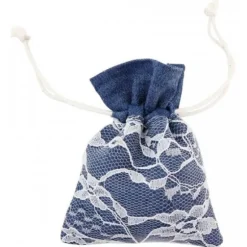 4 pochons jean en toile avec dentelle - 8 x 10 cm - Bleu Foncé