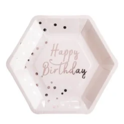 Sachet de 8 assiettes hexagonales "Happy Birthday Rose Gold"